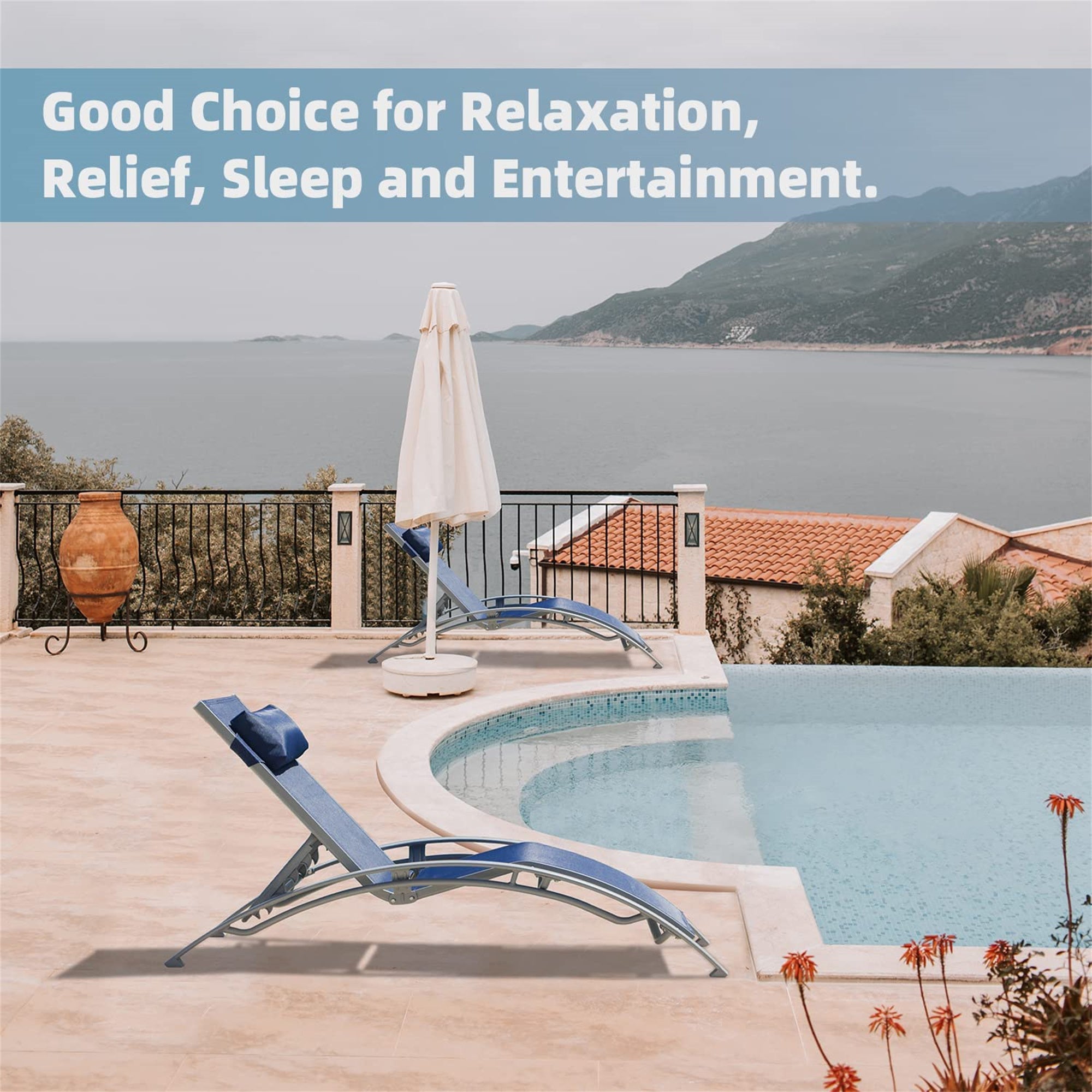 Outdoor Chaise Lounge Set of 2 Patio Recliner Chairs with Adjustable Backrest and Removable Pillow for Indoor&Outdoor Beach Pool Sunbathing Lawn (Blue,2 Lounge Chair) Doba